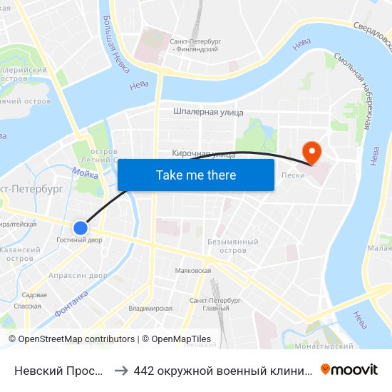 Невский Проспект (Nevskiy Prospekt) to 442 окружной военный клинический госпиталь имени З. П. Соловьева map