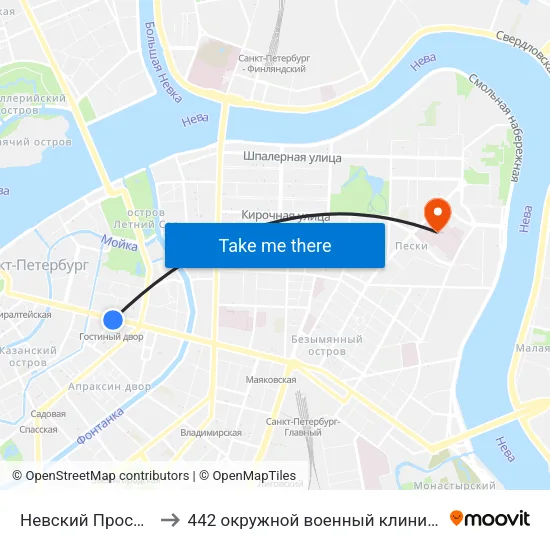 Невский Проспект (Nevskiy Prospekt) to 442 окружной военный клинический госпиталь имени З. П. Соловьева map