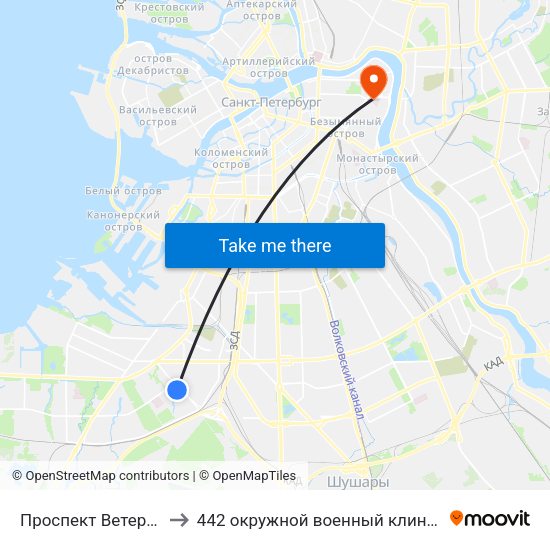 Проспект Ветеранов (Prospekt Veteranov) to 442 окружной военный клинический госпиталь имени З. П. Соловьева map
