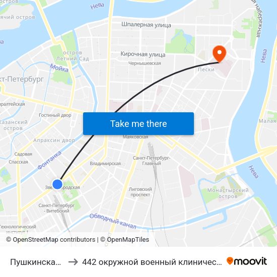 Пушкинская (Pushkinskaya) to 442 окружной военный клинический госпиталь имени З. П. Соловьева map