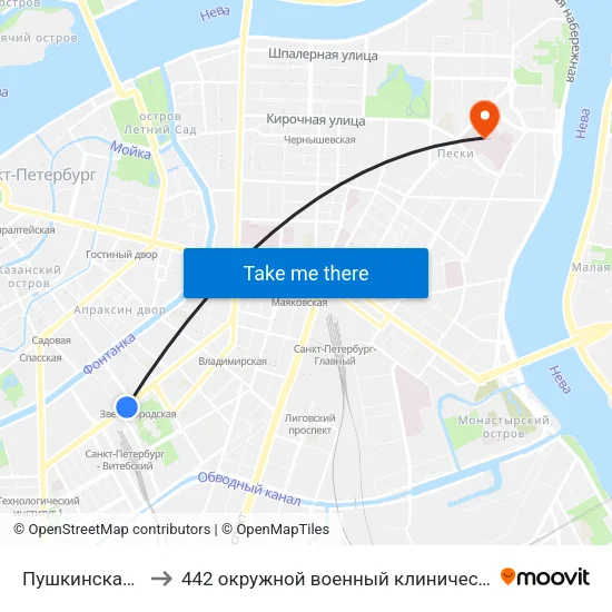 Пушкинская (Pushkinskaya) to 442 окружной военный клинический госпиталь имени З. П. Соловьева map