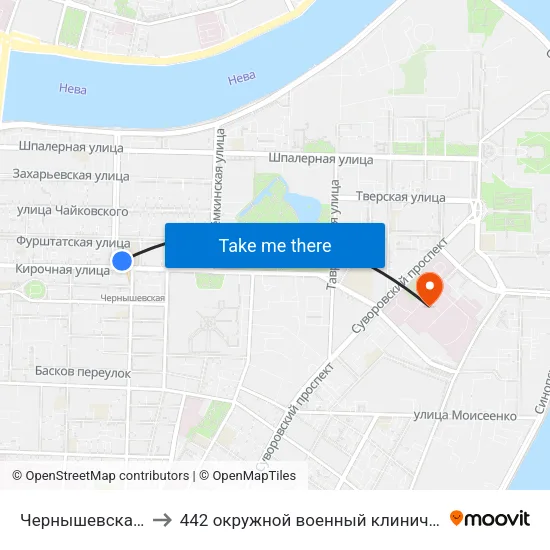 Чернышевская (Chernyshevskaya) to 442 окружной военный клинический госпиталь имени З. П. Соловьева map