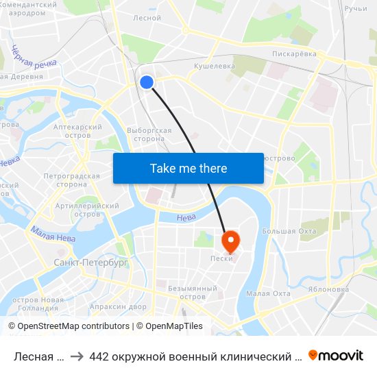 Лесная (Lesnaya) to 442 окружной военный клинический госпиталь имени З. П. Соловьева map