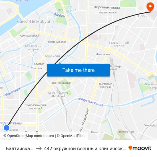 Балтийская (Baltiyskaya) to 442 окружной военный клинический госпиталь имени З. П. Соловьева map