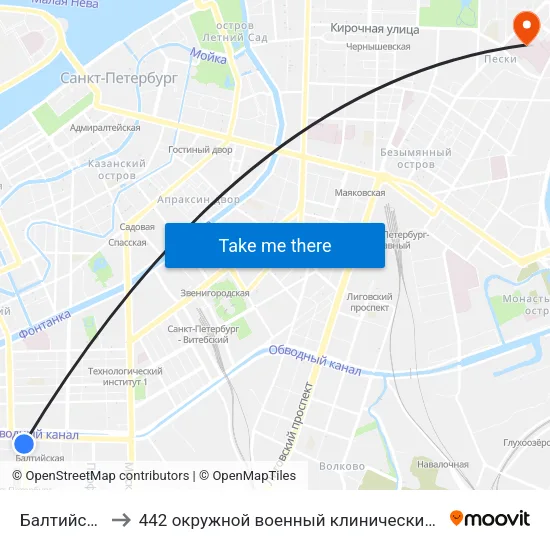 Балтийский Вокзал to 442 окружной военный клинический госпиталь имени З. П. Соловьева map