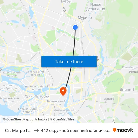 Ст. Метро Гражданский Пр. to 442 окружной военный клинический госпиталь имени З. П. Соловьева map