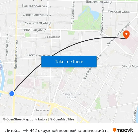 Литейный Пр. to 442 окружной военный клинический госпиталь имени З. П. Соловьева map