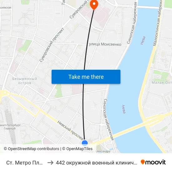 Ст. Метро Площадь Ал. Невского to 442 окружной военный клинический госпиталь имени З. П. Соловьева map