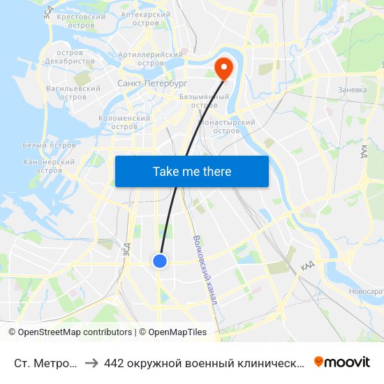 Ст. Метро Московская to 442 окружной военный клинический госпиталь имени З. П. Соловьева map