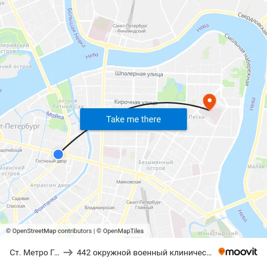 Ст. Метро Гостиный Двор to 442 окружной военный клинический госпиталь имени З. П. Соловьева map