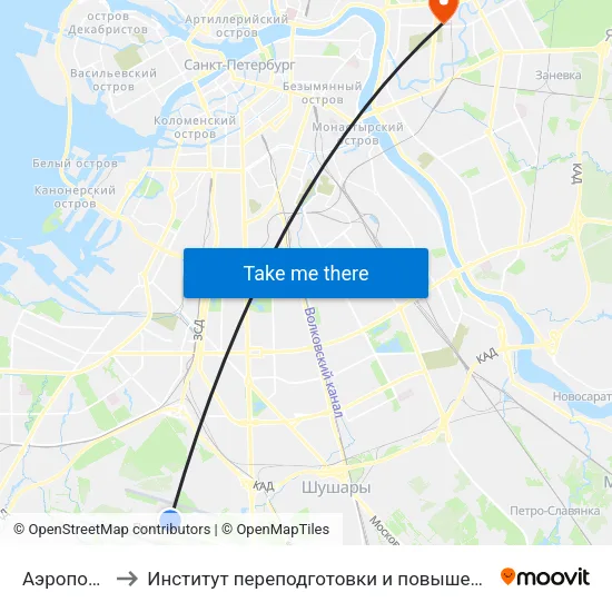 Аэропорт Пулково 1 to Институт переподготовки и повышения квалификации сотрудников ФСБ России map