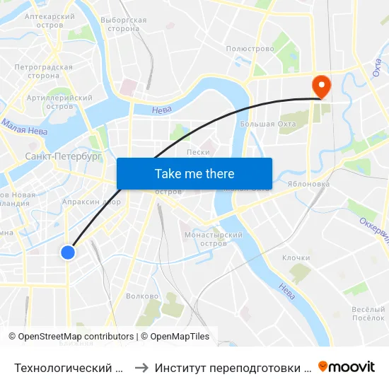 Технологический Институт - 2 (Tekhnologicheskiy Institut - 2) to Институт переподготовки и повышения квалификации сотрудников ФСБ России map