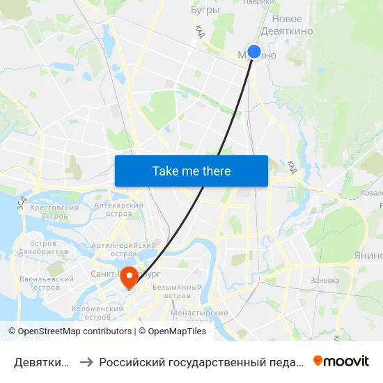 Девяткино (Devyatkino) to Российский государственный педагогический университет имени А. И. Герцена map