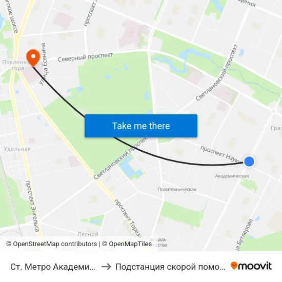 Ст. Метро Академическая to Подстанция скорой помощи №22 map