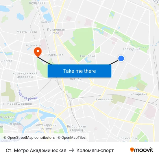 Ст. Метро Академическая to Коломяги-спорт map