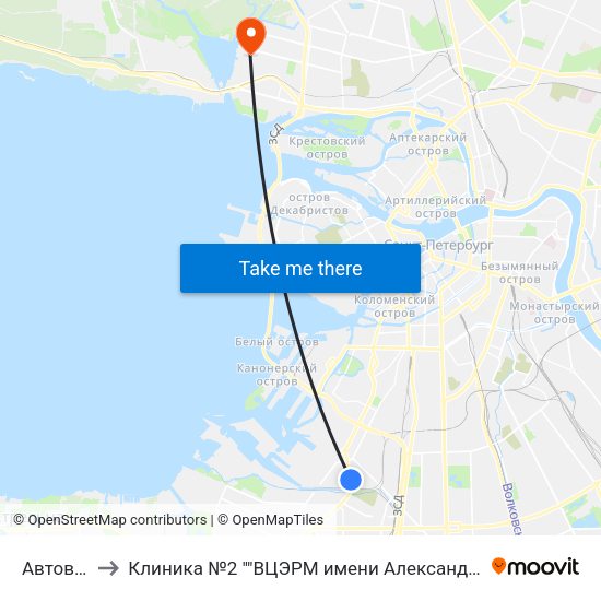 Автово (Avtovo) to Клиника №2 ""ВЦЭРМ имени Александра Макаровича Никифорова"" МЧС России map
