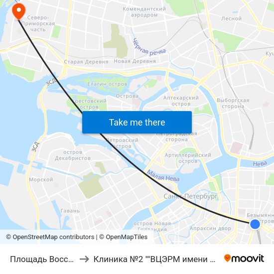 Площадь Восстания (Ploschad' Vosstaniya) to Клиника №2 ""ВЦЭРМ имени Александра Макаровича Никифорова"" МЧС России map