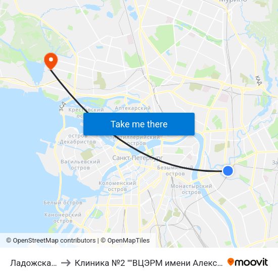 Ладожская (Ladozhskaya) to Клиника №2 ""ВЦЭРМ имени Александра Макаровича Никифорова"" МЧС России map