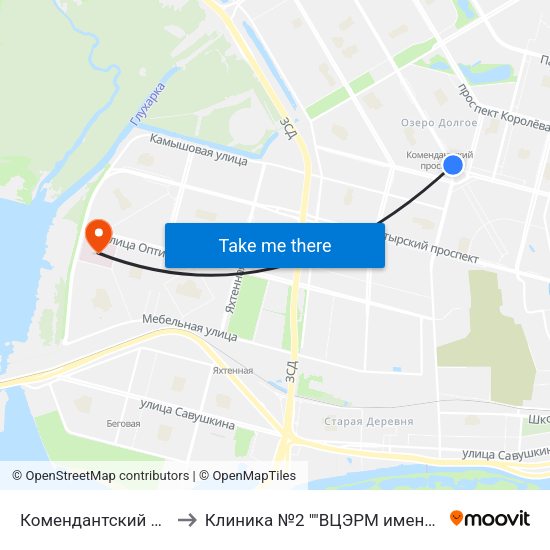 Комендантский Проспект (Komendantskiy Prospekt) to Клиника №2 ""ВЦЭРМ имени Александра Макаровича Никифорова"" МЧС России map