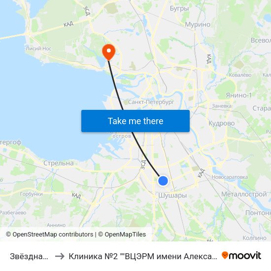 Звёздная (Zvyozdnaya) to Клиника №2 ""ВЦЭРМ имени Александра Макаровича Никифорова"" МЧС России map