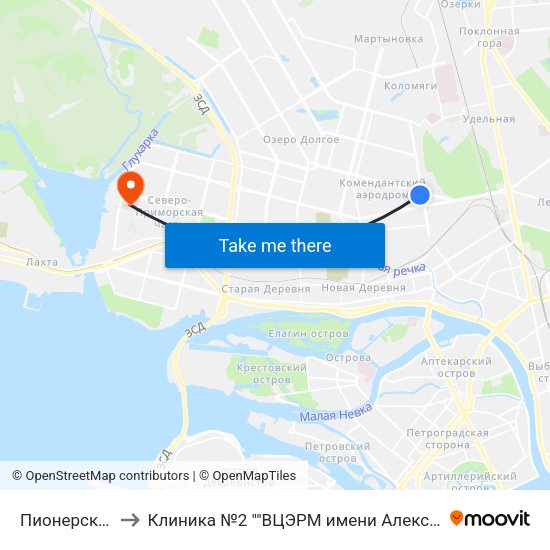 Пионерская (Pionerskaya) to Клиника №2 ""ВЦЭРМ имени Александра Макаровича Никифорова"" МЧС России map