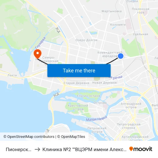 Пионерская (Pionerskaya) to Клиника №2 ""ВЦЭРМ имени Александра Макаровича Никифорова"" МЧС России map