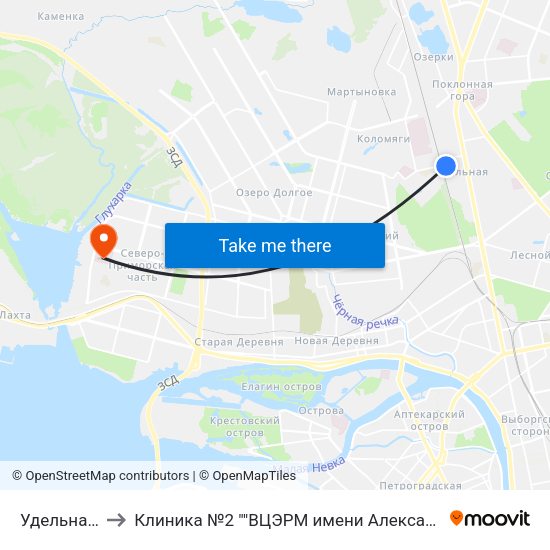Удельная (Udel'Naya) to Клиника №2 ""ВЦЭРМ имени Александра Макаровича Никифорова"" МЧС России map