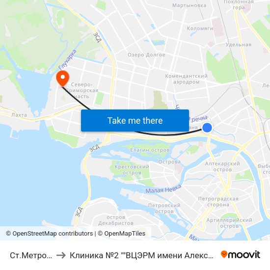 Ст.Метро Чёрная Речка to Клиника №2 ""ВЦЭРМ имени Александра Макаровича Никифорова"" МЧС России map