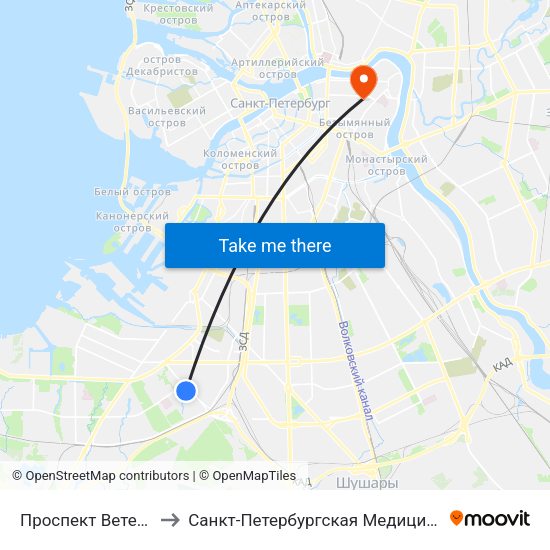 Проспект Ветеранов (Prospekt Veteranov) to Санкт-Петербургская Медицинская академия последипломного образования map