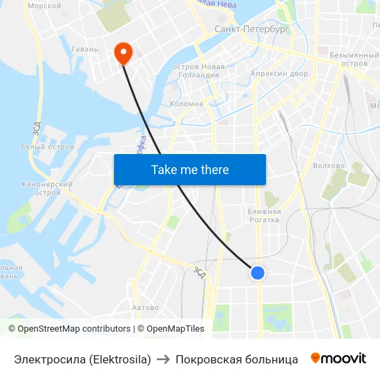 Электросила (Elektrosila) to Покровская больница map