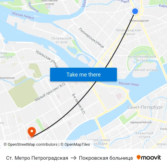 Ст. Метро Петроградская to Покровская больница map