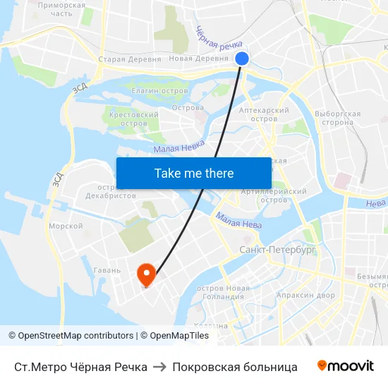 Ст.Метро Чёрная Речка to Покровская больница map