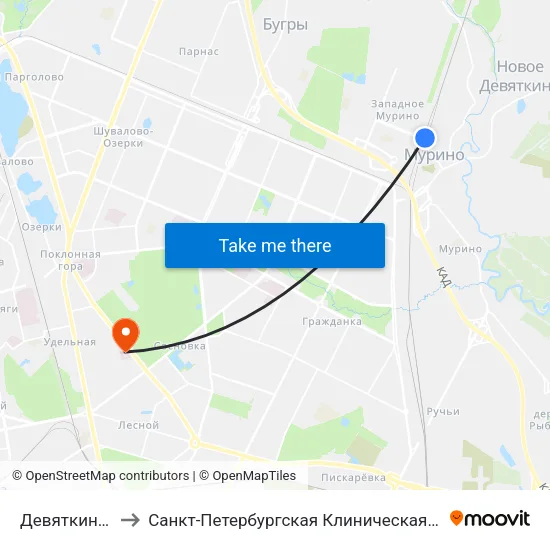 Девяткино (Devyatkino) to Санкт-Петербургская Клиническая больница Российской Академии Наук map