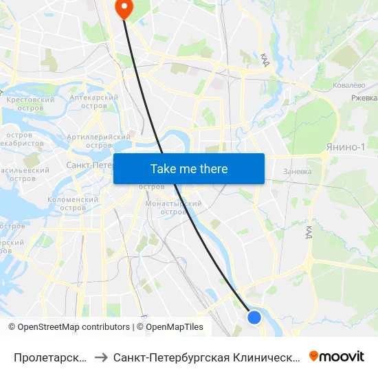 Пролетарская (Proletarskaya) to Санкт-Петербургская Клиническая больница Российской Академии Наук map