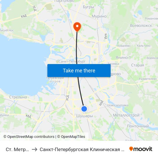 Ст. Метро "Купчино" to Санкт-Петербургская Клиническая больница Российской Академии Наук map