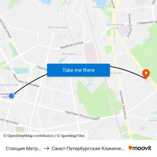 Станция Метро Комендантский Пр. to Санкт-Петербургская Клиническая больница Российской Академии Наук map