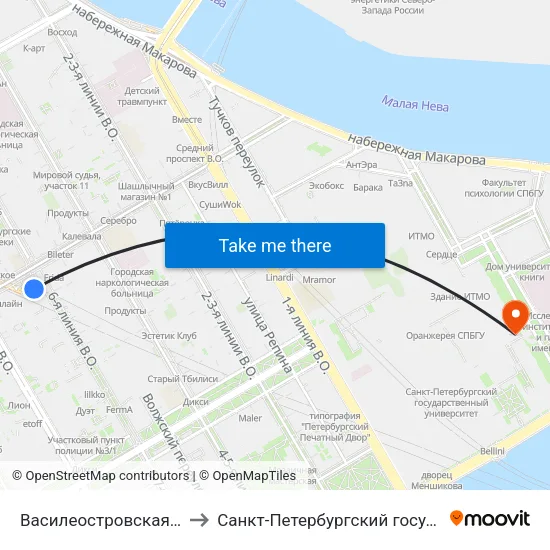 Василеостровская (Vasileostrovskaya) to Санкт-Петербургский государственный университет map