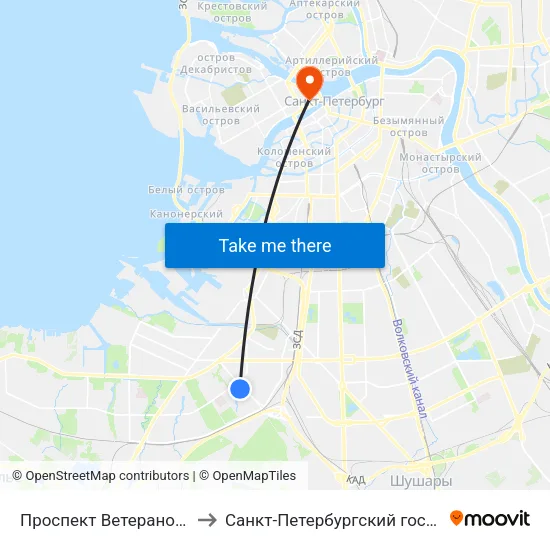 Проспект Ветеранов (Prospekt Veteranov) to Санкт-Петербургский государственный университет map