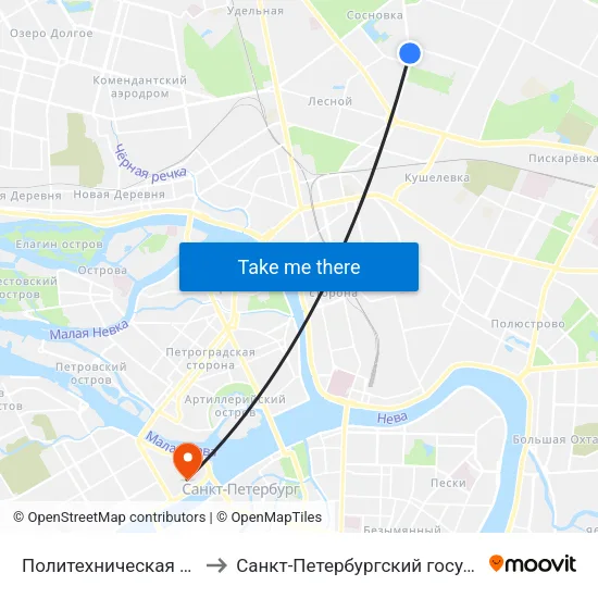 Политехническая (Politekhnicheskaya) to Санкт-Петербургский государственный университет map