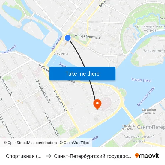Спортивная (Sportivnaya) to Санкт-Петербургский государственный университет map