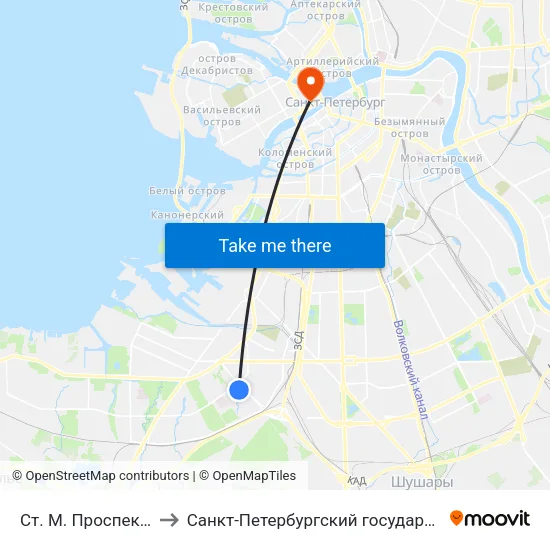 Ст. М. Проспект Ветеранов to Санкт-Петербургский государственный университет map