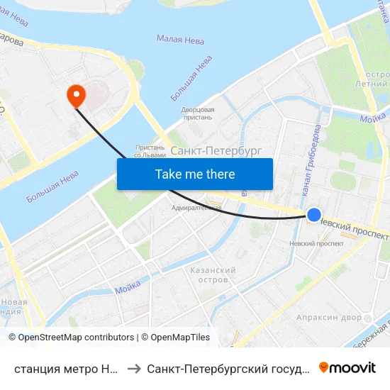 станция метро Невский Проспект to Санкт-Петербургский государственный университет map