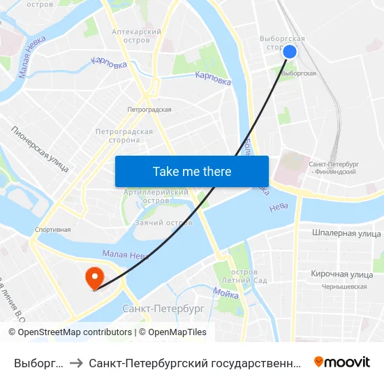 Выборгская to Санкт-Петербургский государственный университет map