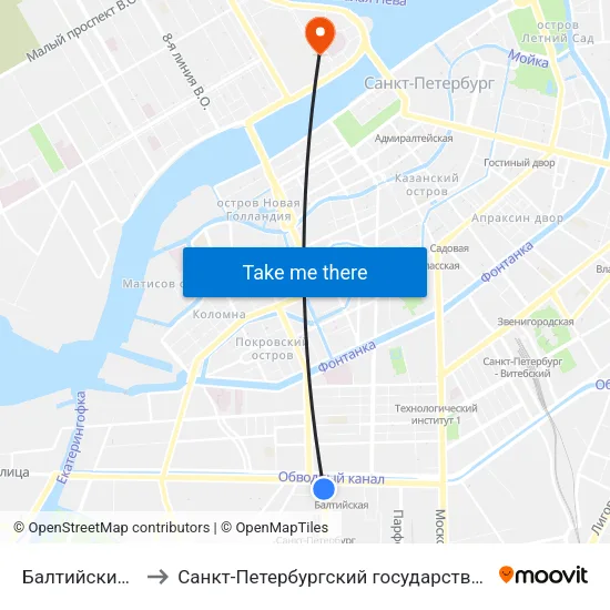 Балтийский Вокзал to Санкт-Петербургский государственный университет map