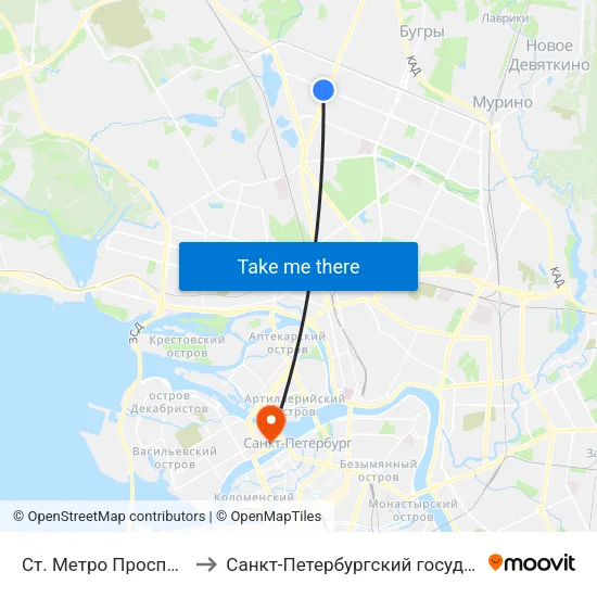 Ст. Метро Проспект Просвещения to Санкт-Петербургский государственный университет map