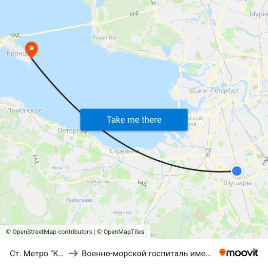 Ст. Метро "Купчино" to Военно-морской госпиталь имени Н. А. Семашко map