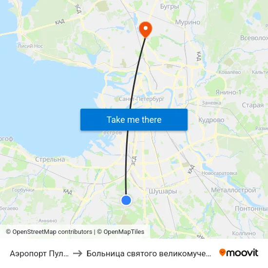 Аэропорт Пулково 1 to Больница святого великомученика Георгия map