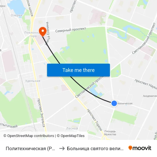 Политехническая (Politekhnicheskaya) to Больница святого великомученика Георгия map