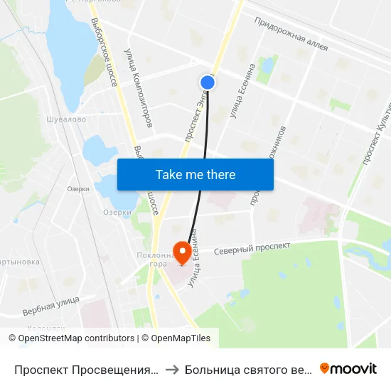 Проспект Просвещения (Prospekt Prosveschenya) to Больница святого великомученика Георгия map