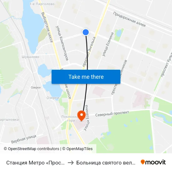 Станция Метро «Проспект Просвещения» to Больница святого великомученика Георгия map